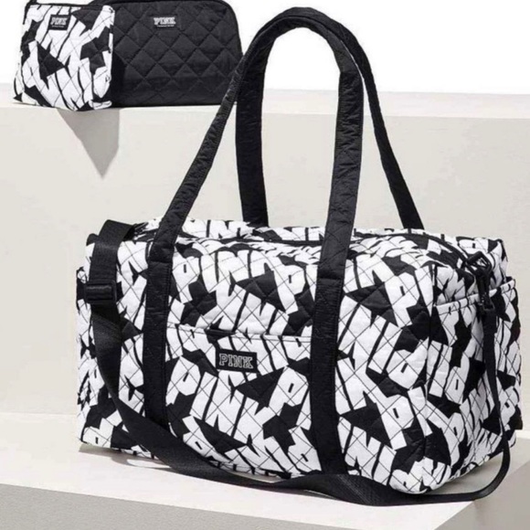 Victorias Secret PINK GRAPHIC X LARGE QUILTED Duffel W/ POUCHES Bag Tote NWT - Picture 1 of 2